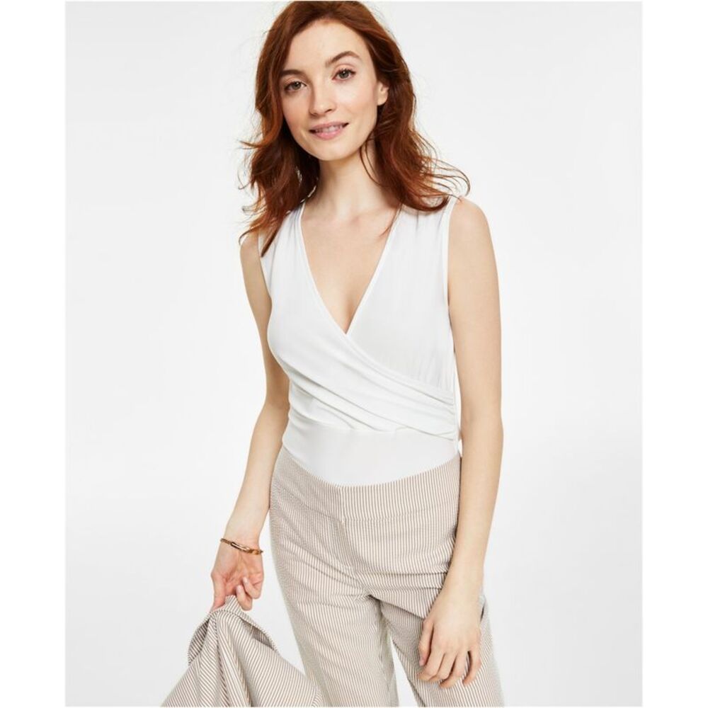 Kasper Womens Faux Wrap Sleeveless Blouse Top, White, XL, DM